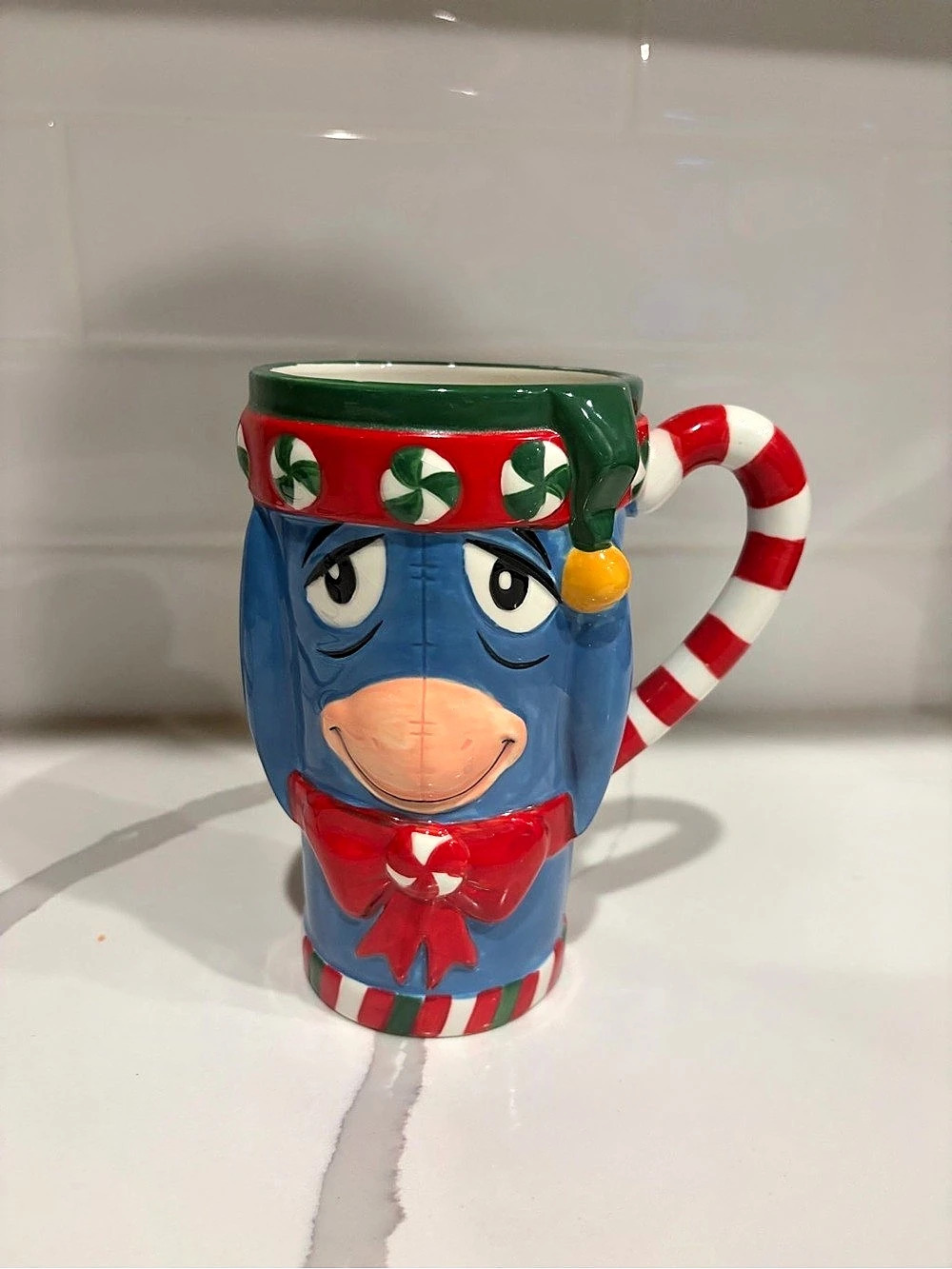 Disney Store Eeyore Christmas Ceramic Mug – Winnie the Pooh Candy Cane Handle